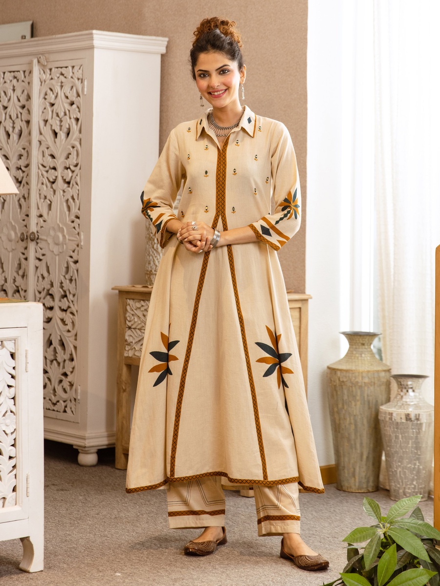 Beige Cotton Embroidered Flex A-Line Co-ord Set for Women