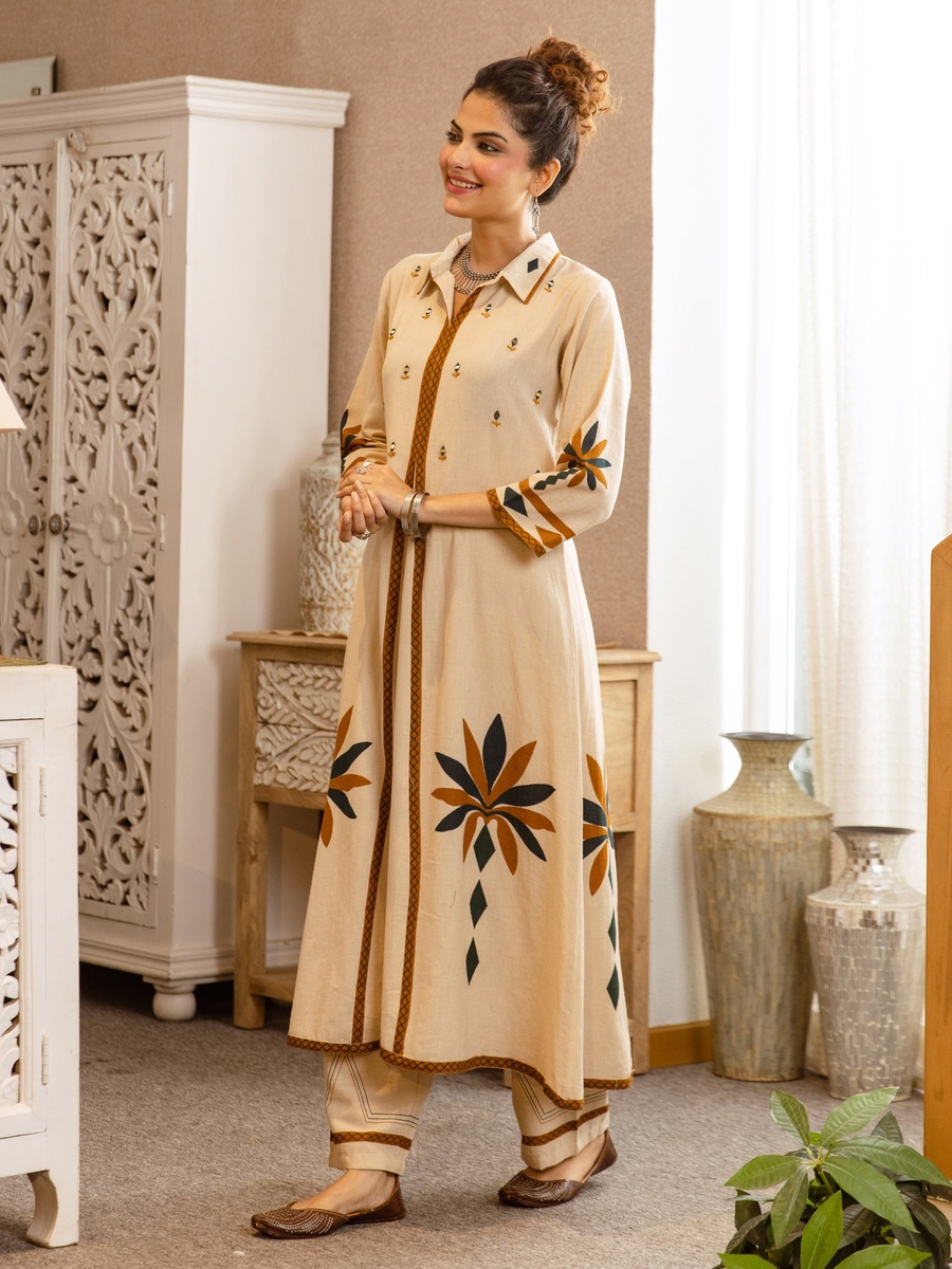 Beige Cotton Embroidered Flex A-Line Co-ord Set for Women