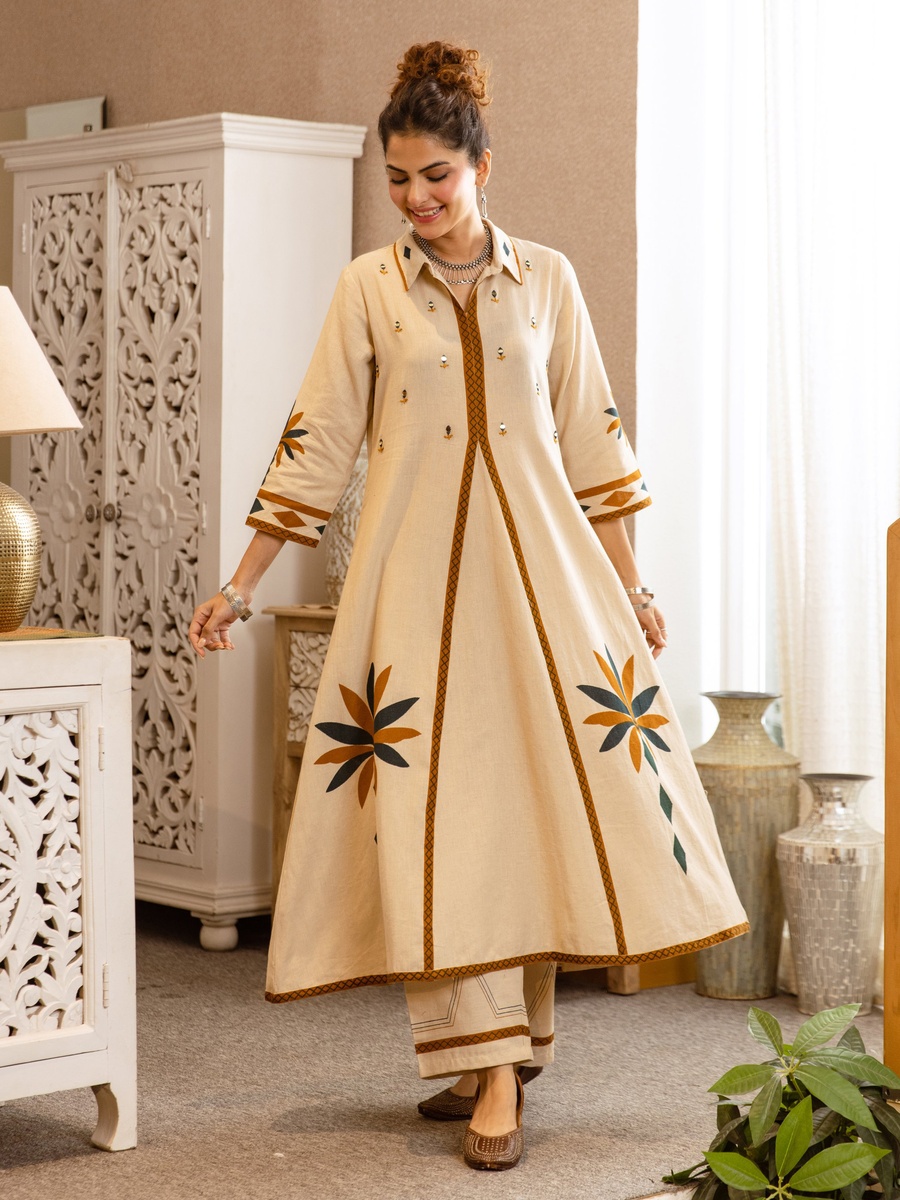 Beige Cotton Embroidered Flex A-Line Co-ord Set for Women