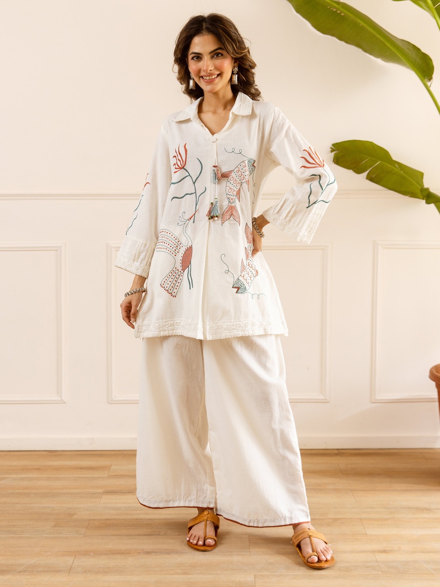 White Cotton Flex Embroidered Co-ord Set