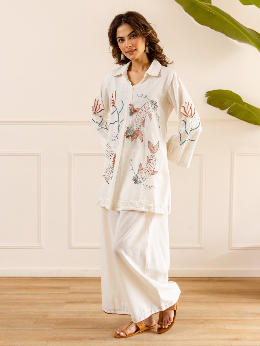 White Cotton Flex Embroidered Co-ord Set