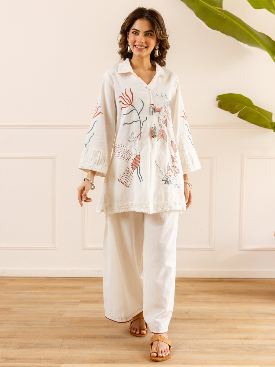 White Cotton Flex Embroidered Co-ord Set