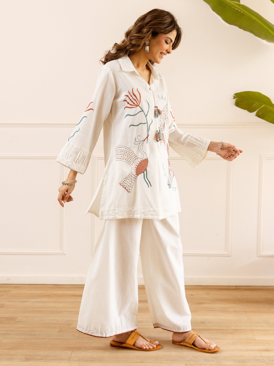 White Cotton Flex Embroidered Co-ord Set