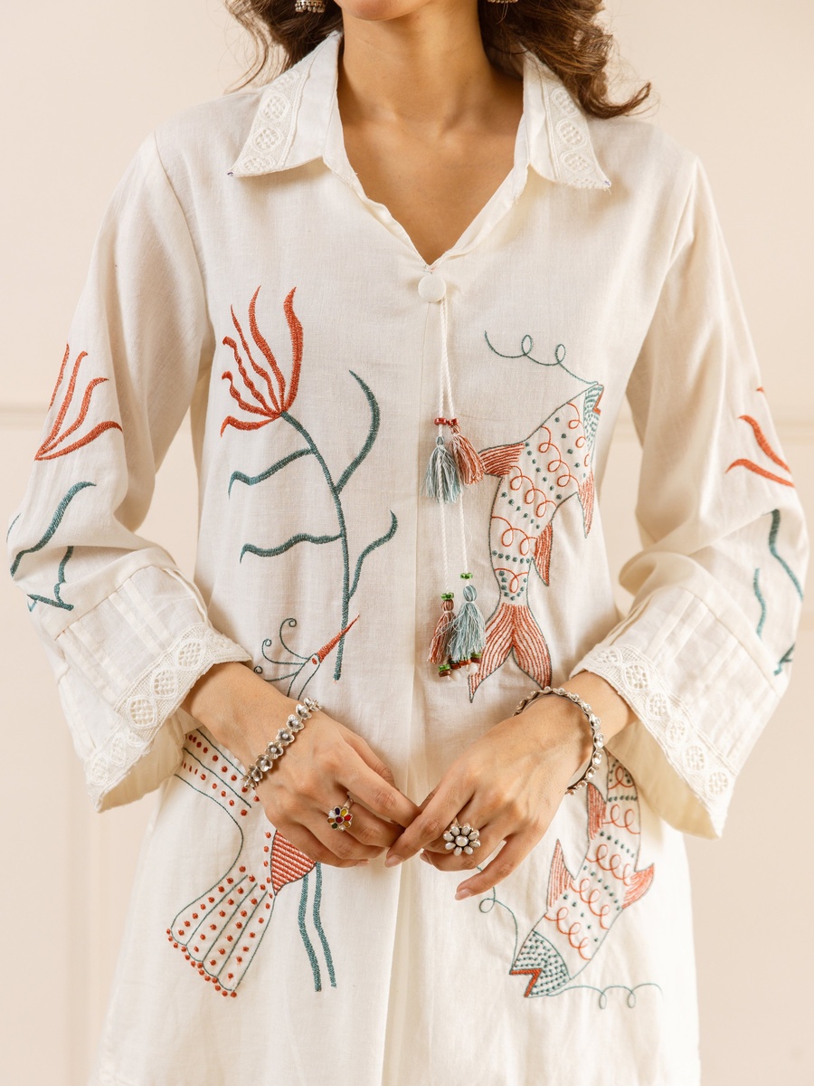 White Cotton Flex Embroidered Co-ord Set