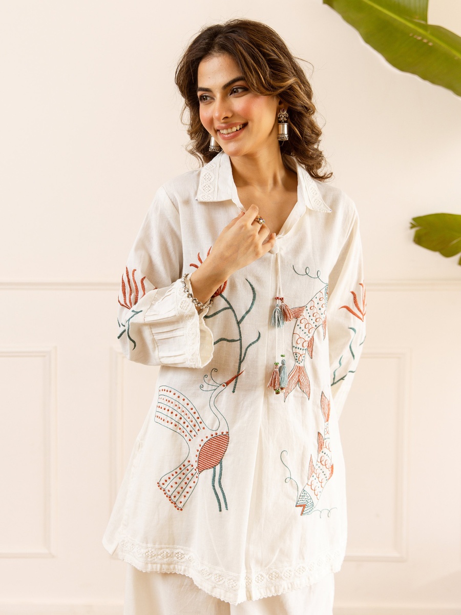 White Cotton Flex Embroidered Co-ord Set