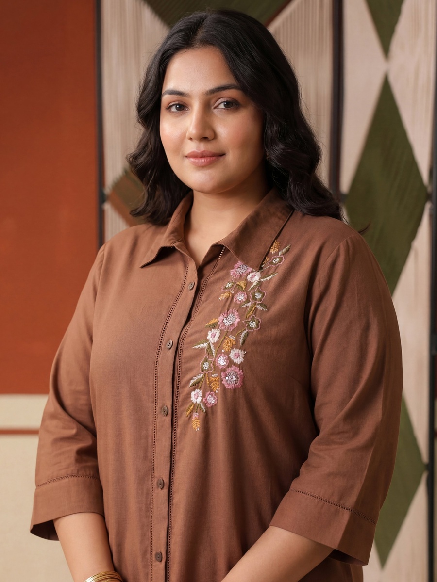 Brown Embroidered Rayon Flex Plus Size Co-ord Set 