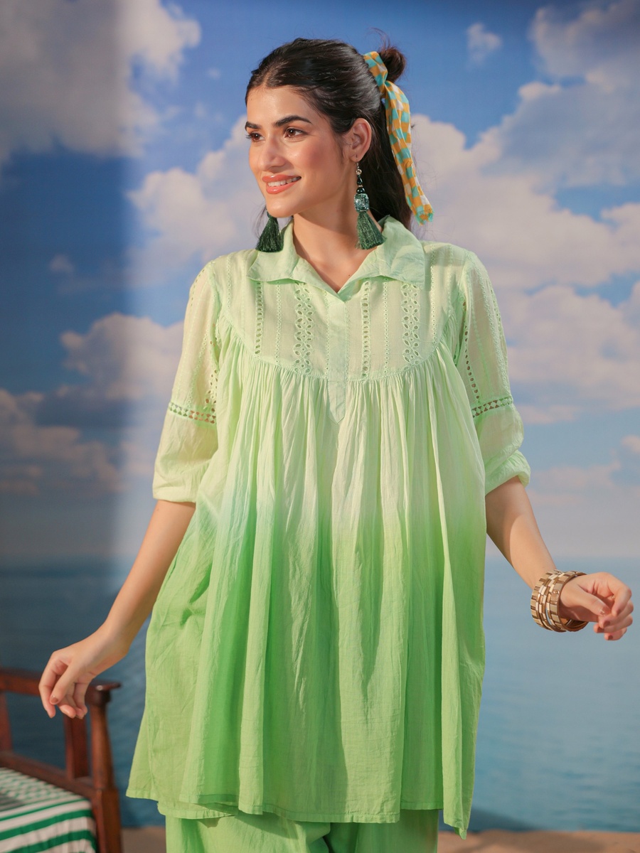 Green Cotton Mulmul Embroidered Ombre Co-ord Set with Farshi Salwar