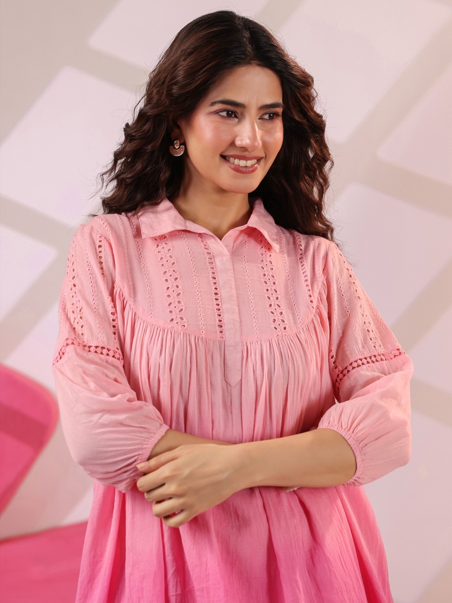 Pink Cotton Mulmul Embroidered Ombre Co-ord Set with Farshi Salwar