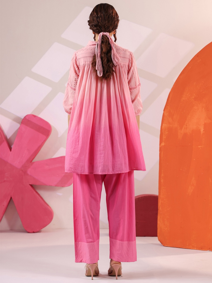 Pink Cotton Mulmul Embroidered Ombre Co-ord Set with Farshi Salwar