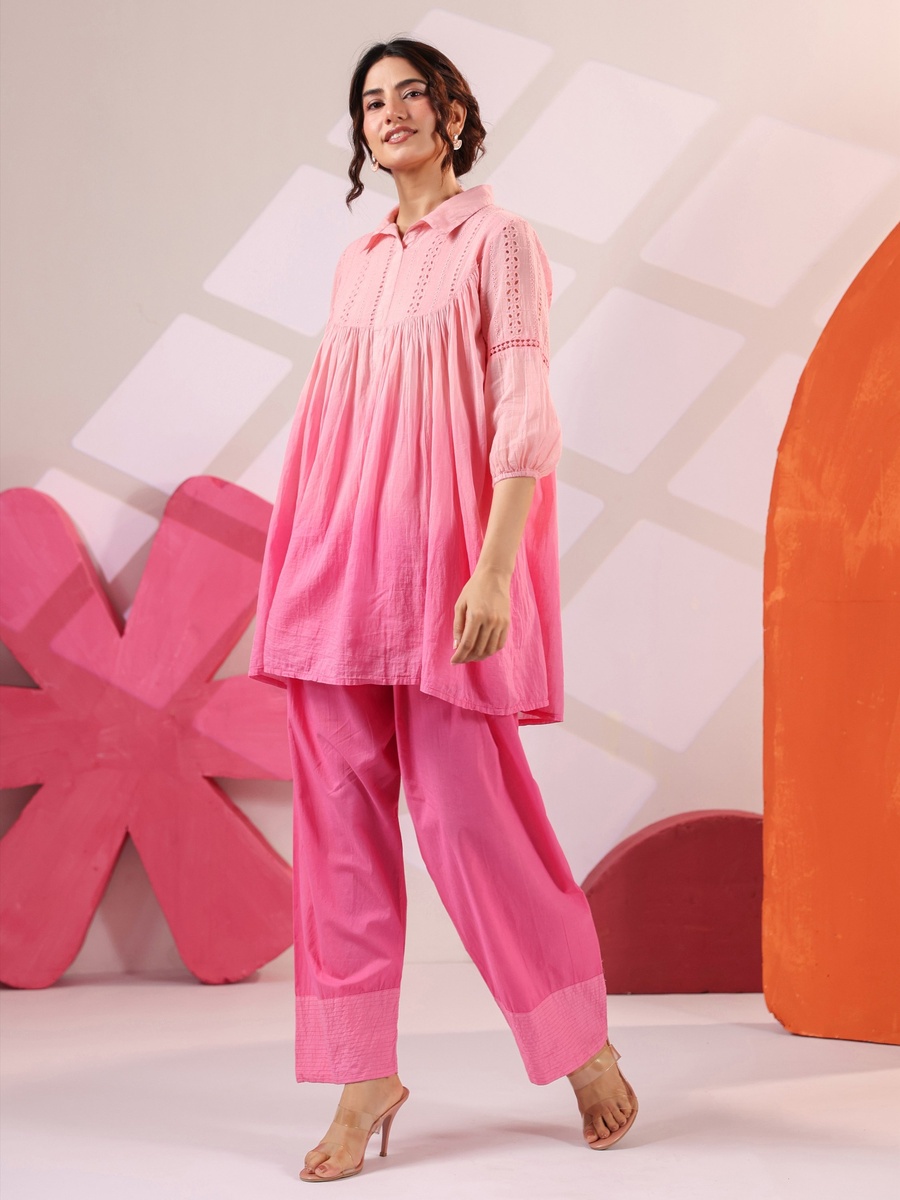 Pink Cotton Mulmul Embroidered Ombre Co-ord Set with Farshi Salwar