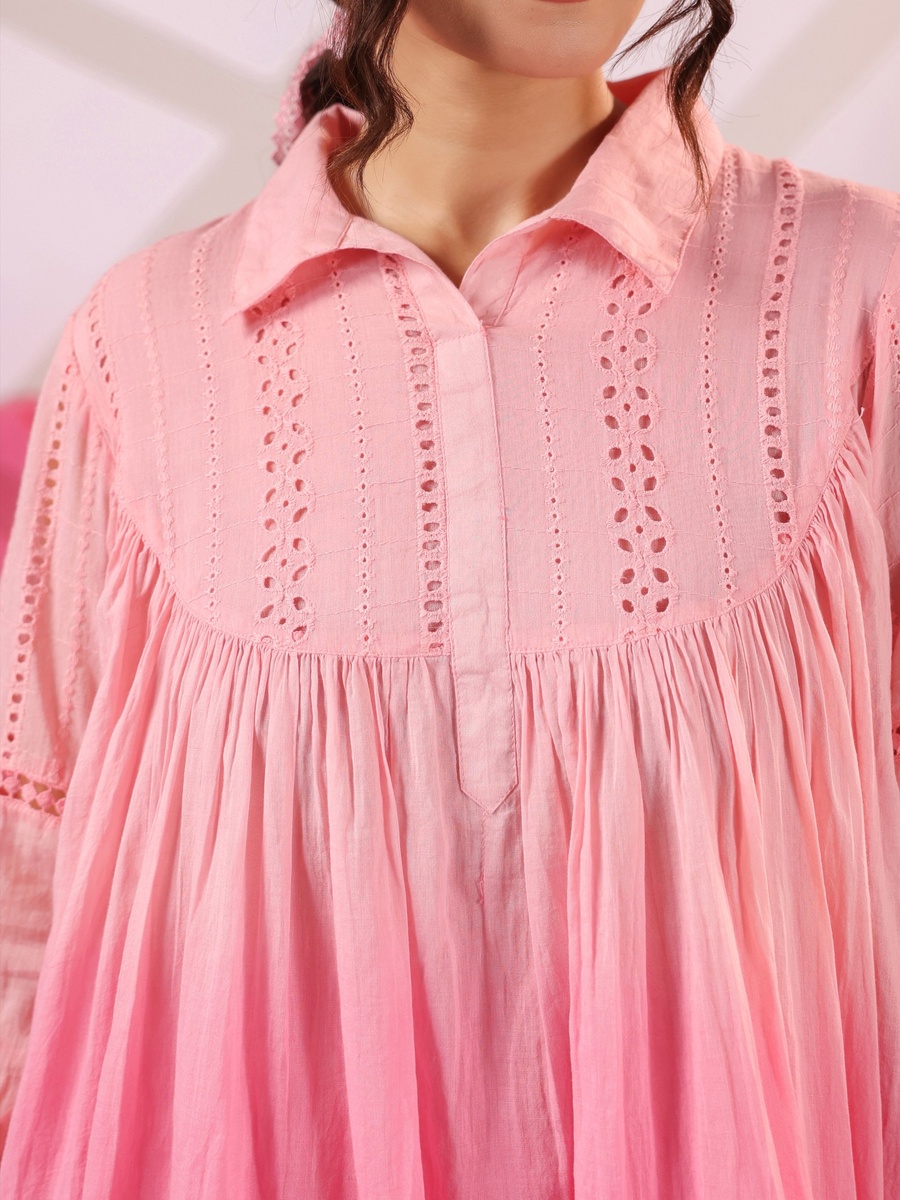 Pink Cotton Mulmul Embroidered Ombre Co-ord Set with Farshi Salwar