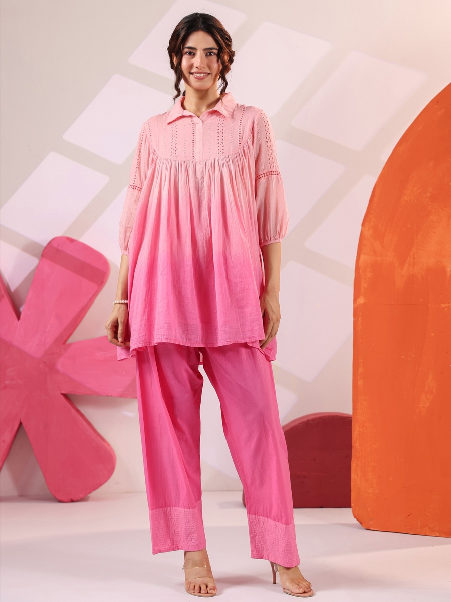 Pink Cotton Mulmul Embroidered Ombre Co-ord Set with Farshi Salwar