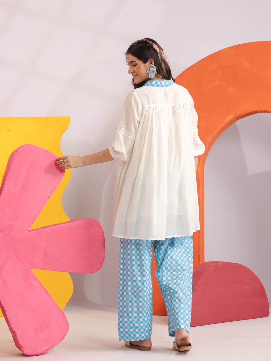 Off White Blue Cotton Mulmul Embroidered Co-ord Set with Farshi Salwar