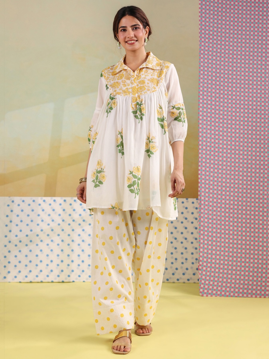 Off White Yellow Cotton Mulmul Hand Block Printed Co-ord Set with Farshi Salwar