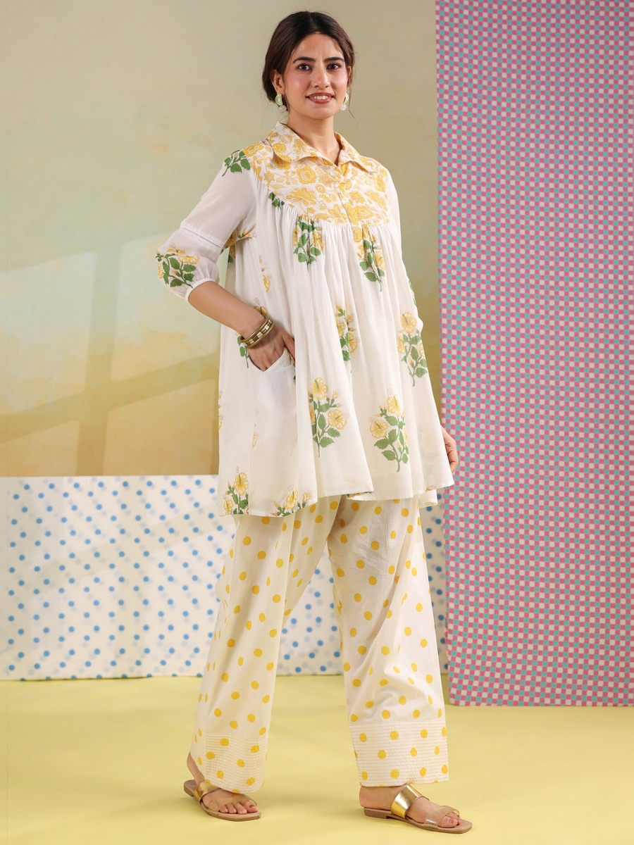 Off White Yellow Cotton Mulmul Hand Block Printed Co-ord Set with Farshi Salwar