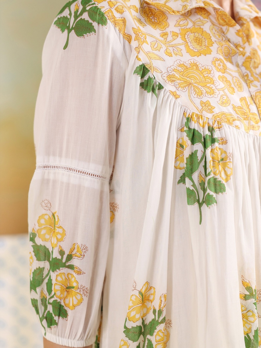 Off White Yellow Cotton Mulmul Hand Block Printed Co-ord Set with Farshi Salwar