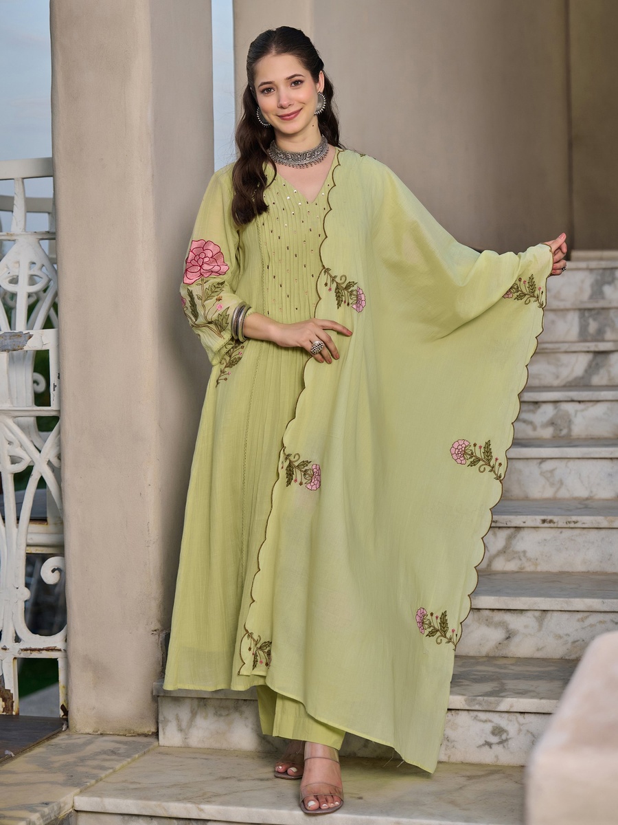 Green Embroidered Mul Cotton Anarkali Kurta Pants Dupatta Set