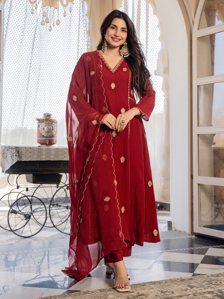 Premium AnarKali Crush Silk Kurt Pants Set with Organza Dupatta