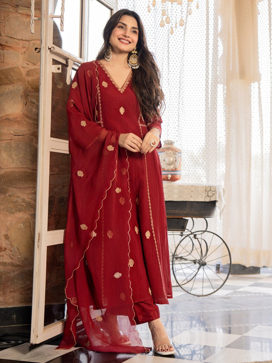 Premium AnarKali Crush Silk Kurt Pants Set with Organza Dupatta