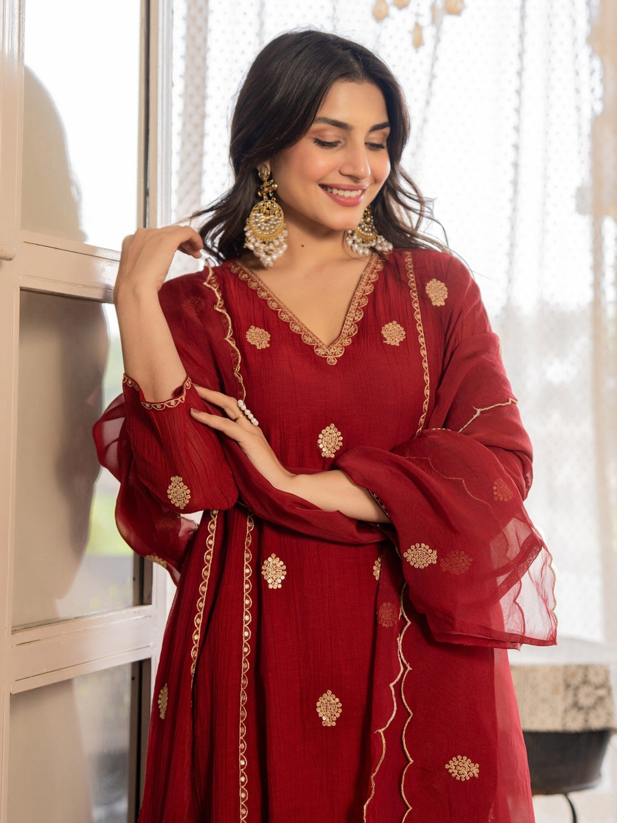Premium AnarKali Crush Silk Kurt Pants Set with Organza Dupatta