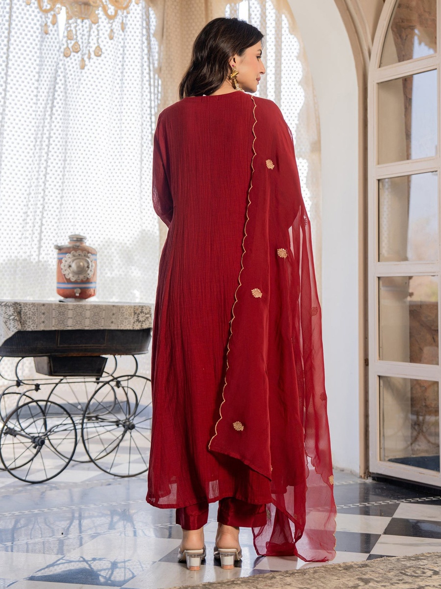 Premium AnarKali Crush Silk Kurt Pants Set with Organza Dupatta