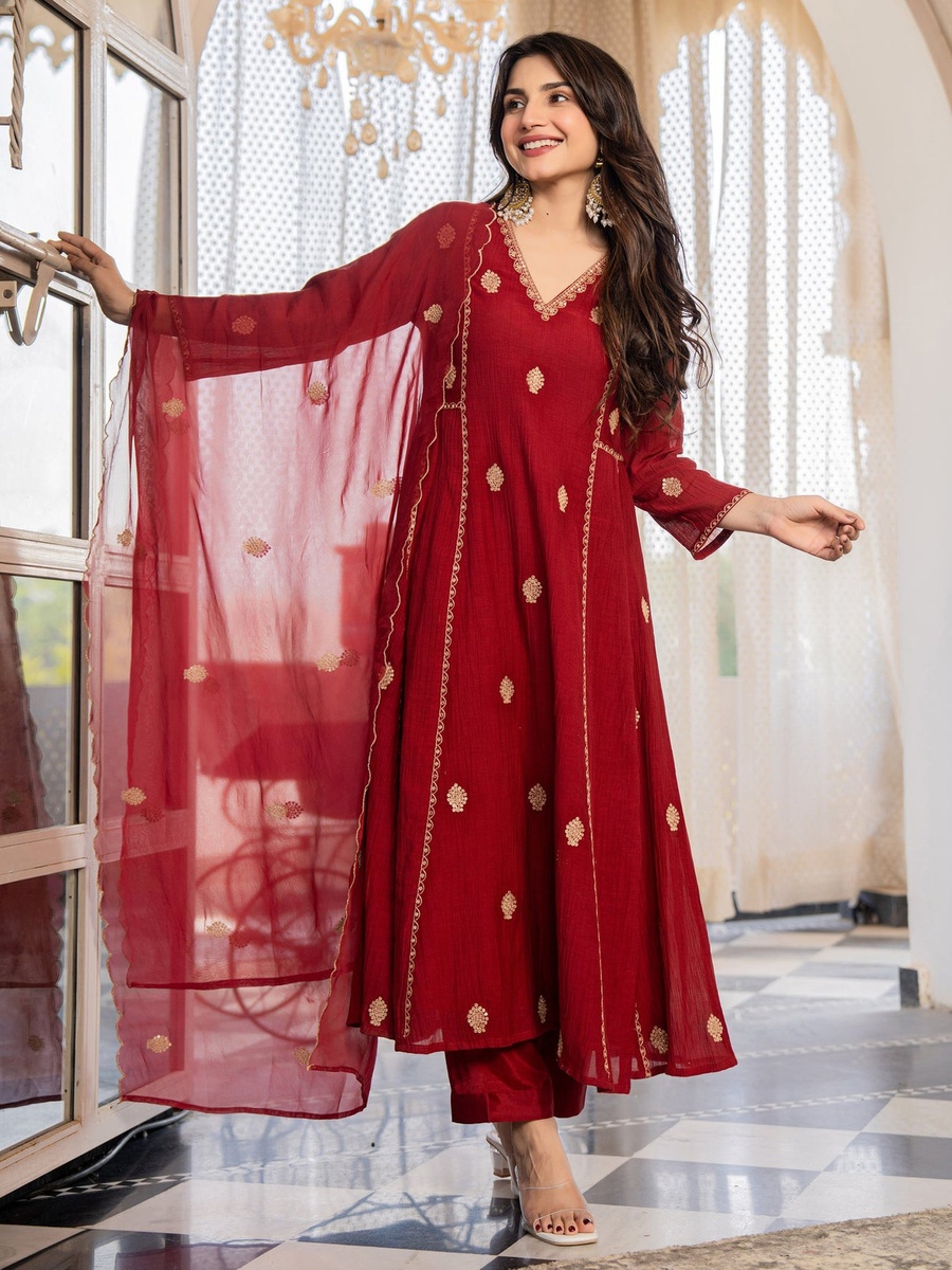 Premium AnarKali Crush Silk Kurt Pants Set with Organza Dupatta