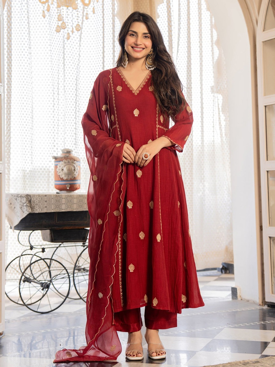 Premium AnarKali Crush Silk Kurt Pants Set with Organza Dupatta