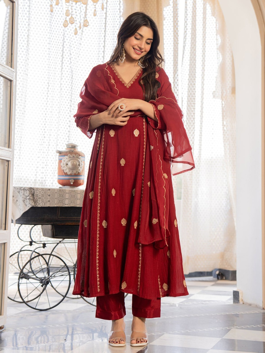 Premium AnarKali Crush Silk Kurt Pants Set with Organza Dupatta