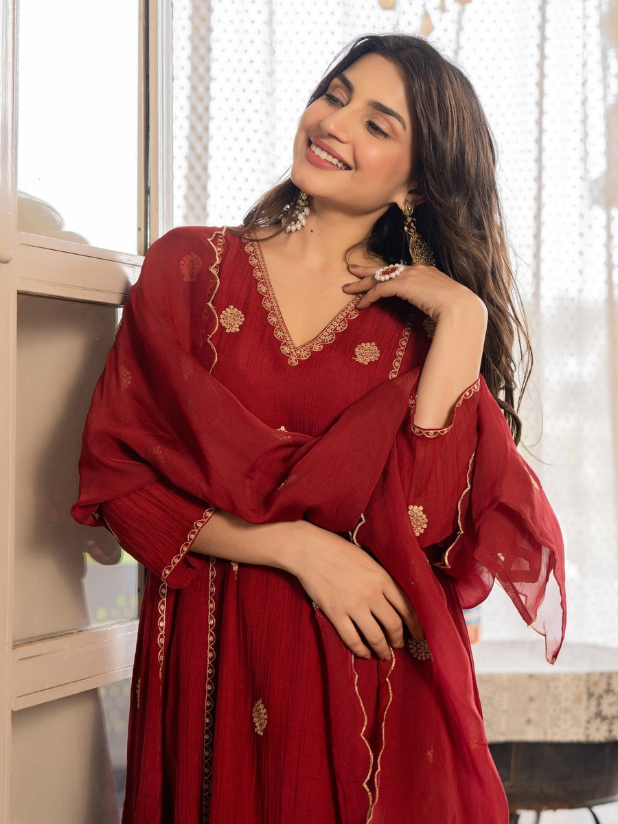 Premium AnarKali Crush Silk Kurt Pants Set with Organza Dupatta