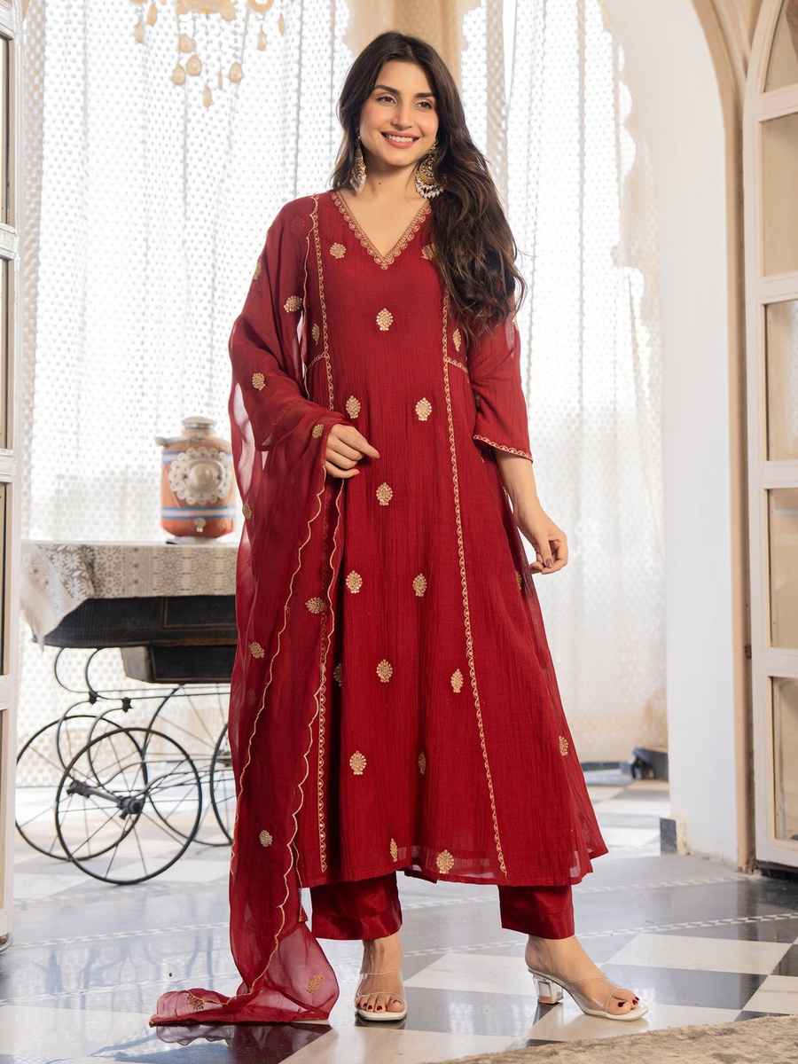 Premium AnarKali Crush Silk Kurt Pants Set with Organza Dupatta