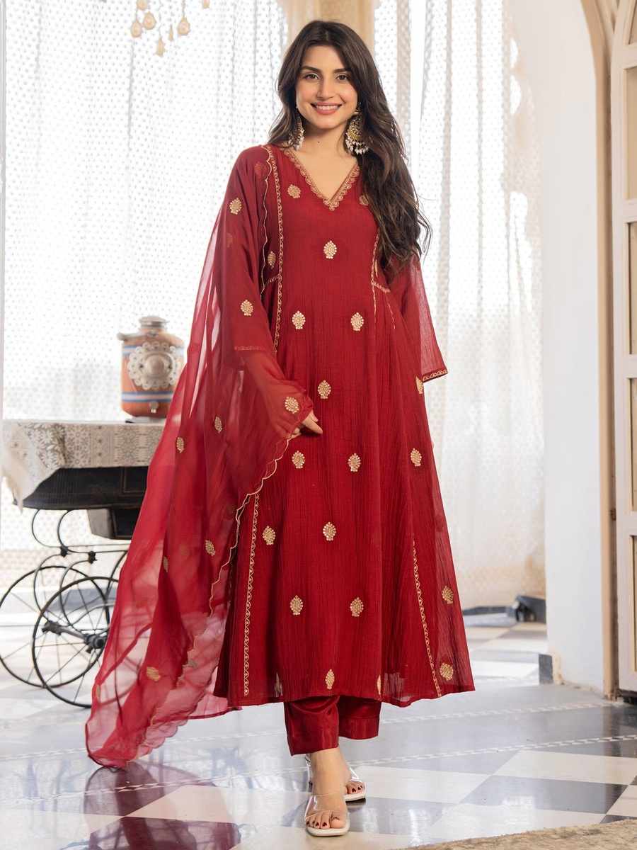 Premium AnarKali Crush Silk Kurt Pants Set with Organza Dupatta