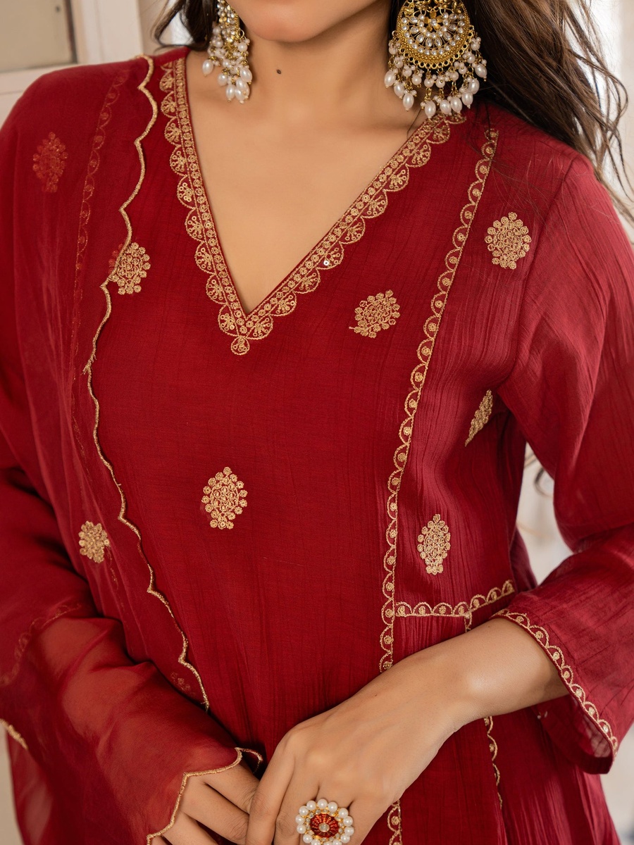 Premium AnarKali Crush Silk Kurt Pants Set with Organza Dupatta