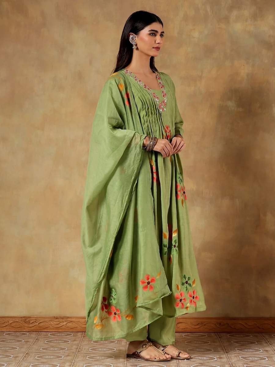 Mul Chanderi Floral Print Anarkali Kurta Pants Dupatta Set