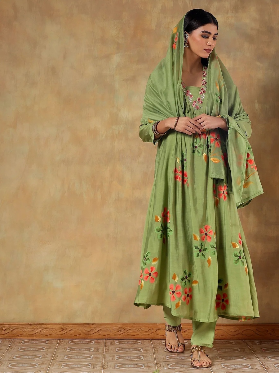 Mul Chanderi Floral Print Anarkali Kurta Pants Dupatta Set