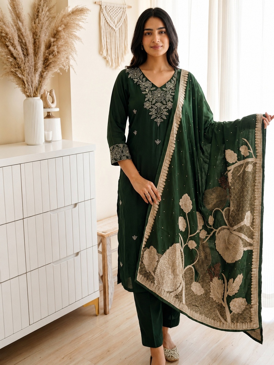 Green Embroidered Muslin Straight Kurta Pants Dupatta Set