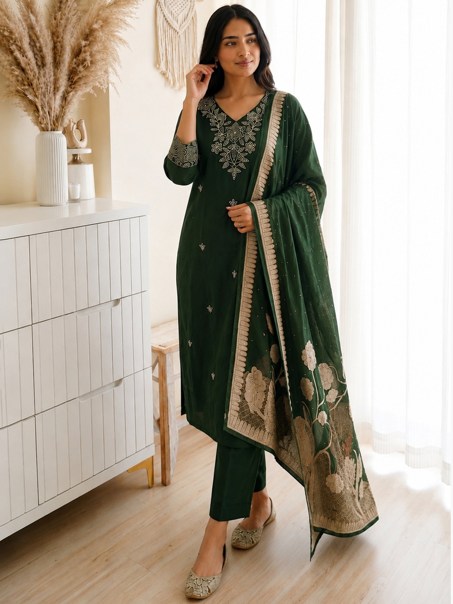 Green Embroidered Muslin Straight Kurta Pants Dupatta Set