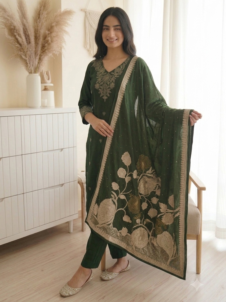 Green Embroidered Muslin Straight Kurta Pants Dupatta Set