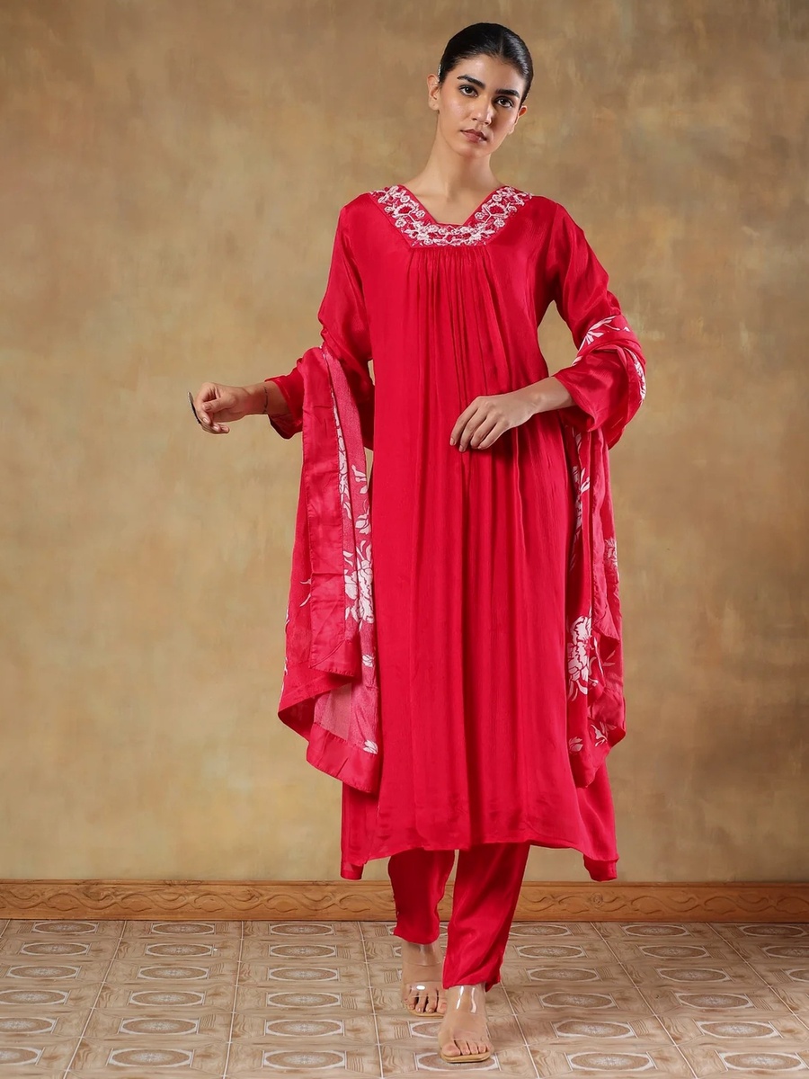 Pure Chinon Embroidered Anarkali Style Kurta Pants Dupatta Set
