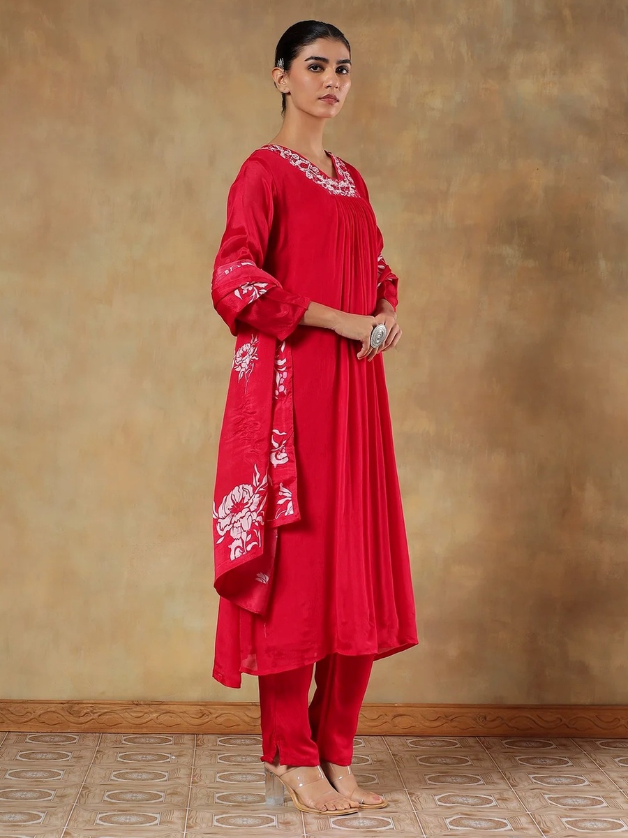 Pure Chinon Embroidered Anarkali Style Kurta Pants Dupatta Set