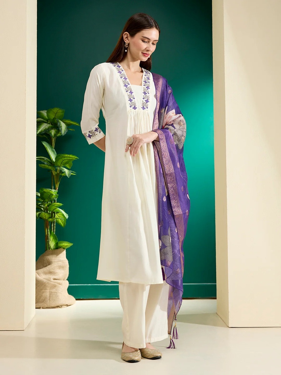 White Muslin Silk Embroidered A-Line Kurta Pants Dupatta Set