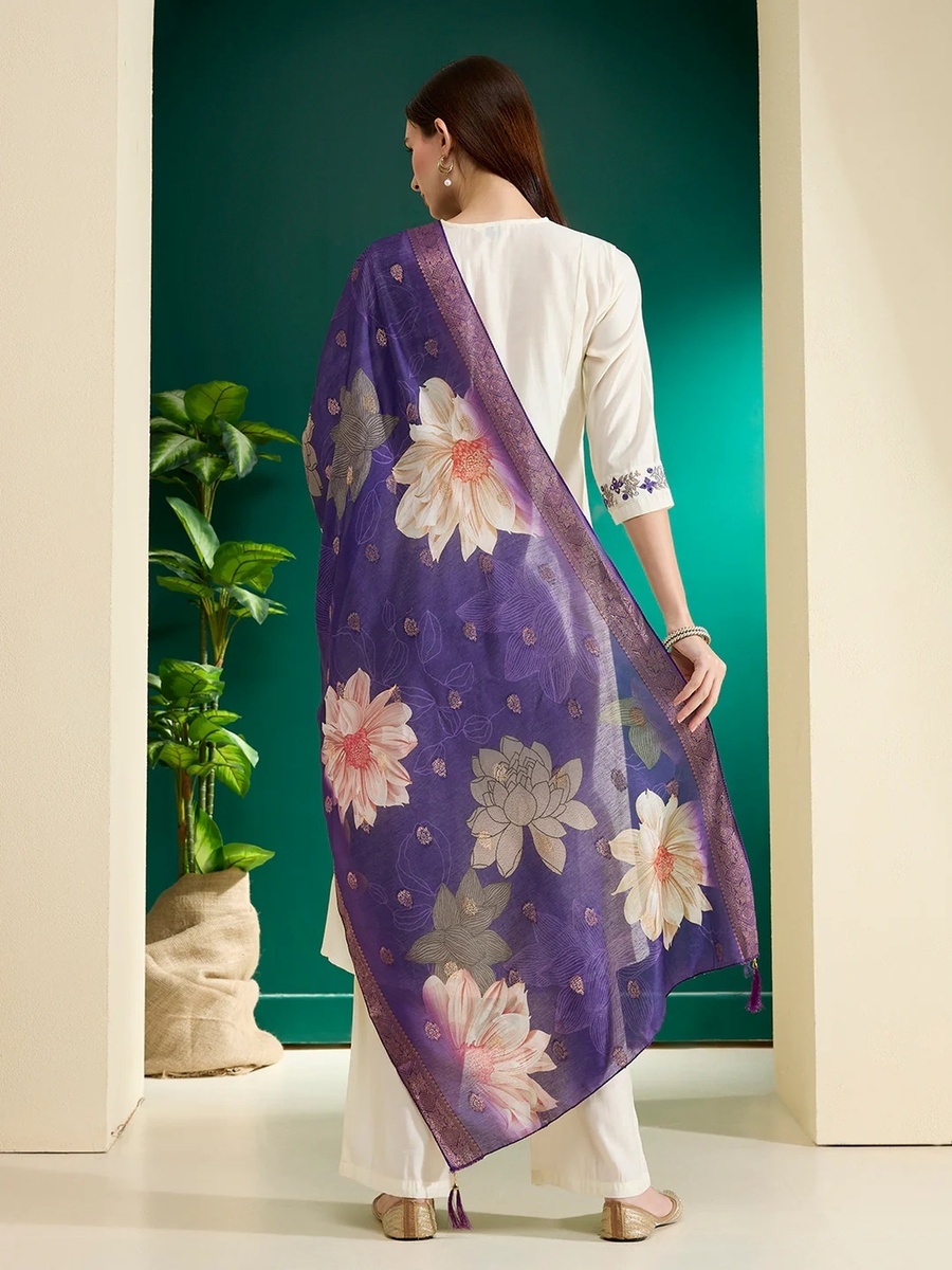 White Muslin Silk Embroidered A-Line Kurta Pants Dupatta Set