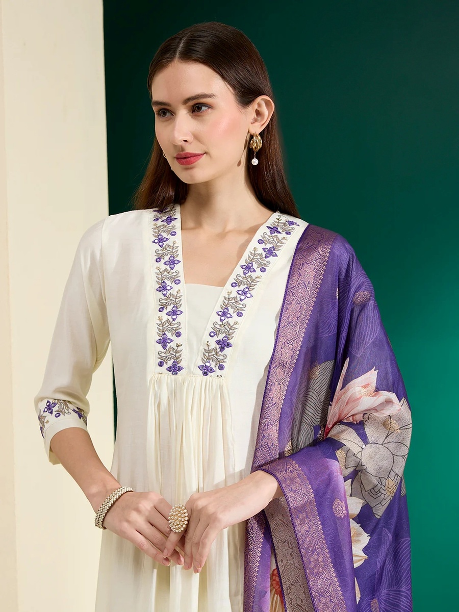 White Muslin Silk Embroidered A-Line Kurta Pants Dupatta Set