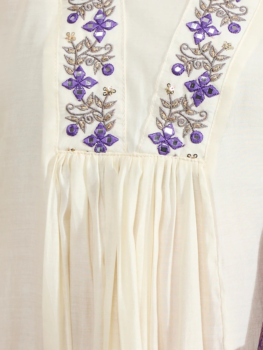 White Muslin Silk Embroidered A-Line Kurta Pants Dupatta Set