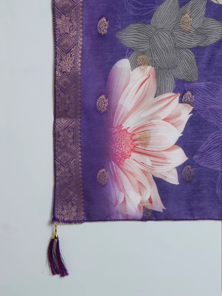 White Muslin Silk Embroidered A-Line Kurta Pants Dupatta Set