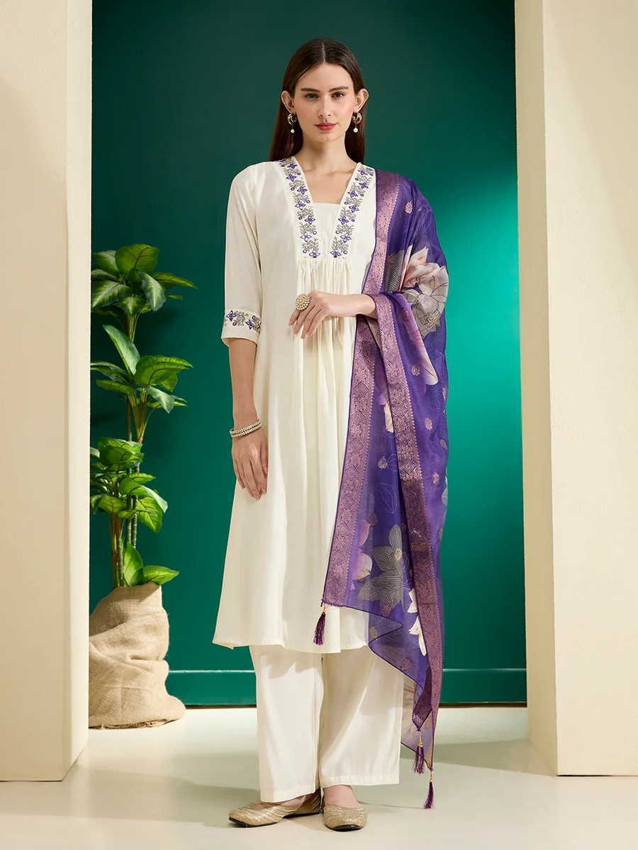 White Muslin Silk Embroidered A-Line Kurta Pants Dupatta Set