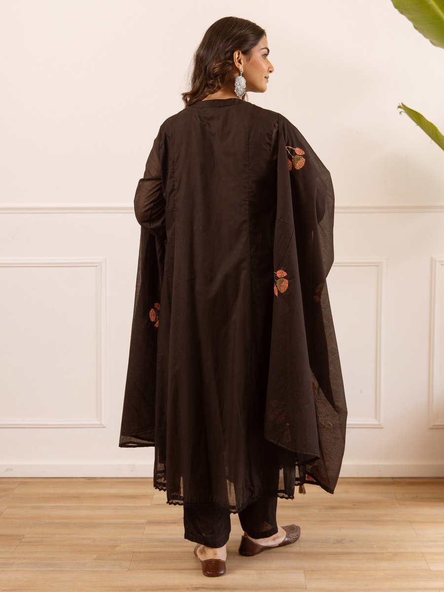 Black Mul Chanderi Anarkali Kurta Pants Dupatta Set