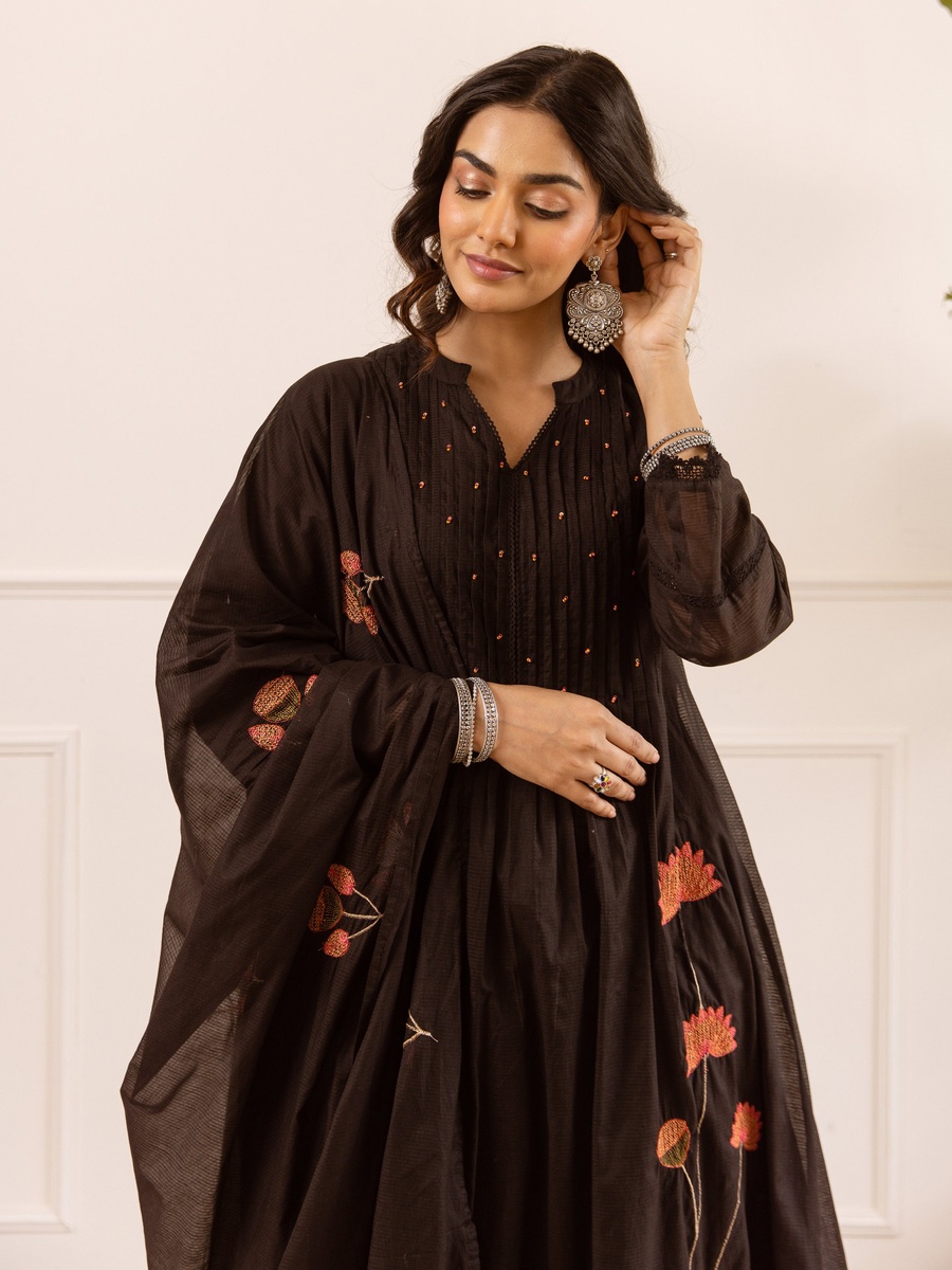 Black Mul Chanderi Anarkali Kurta Pants Dupatta Set
