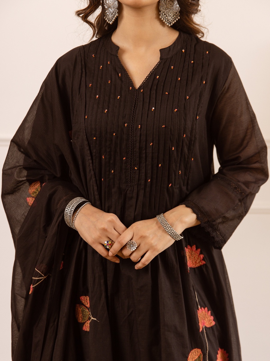 Black Mul Chanderi Anarkali Kurta Pants Dupatta Set