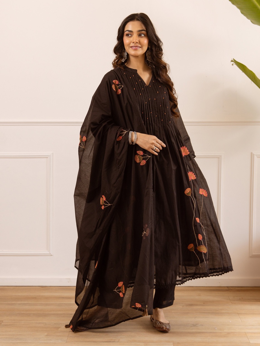 Black Mul Chanderi Anarkali Kurta Pants Dupatta Set