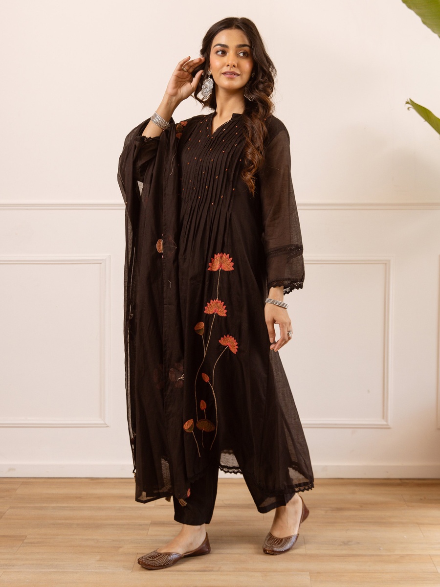 Black Mul Chanderi Anarkali Kurta Pants Dupatta Set